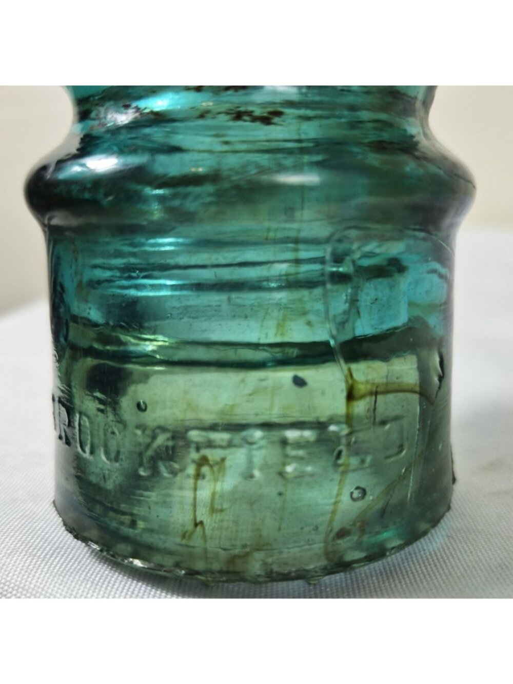 Vintage Brookfield Aqua Glass Insulator With Amber Swirls Embossed Markings - Picture 2 of 7